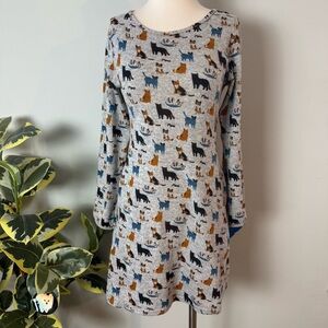 SM WARDROBE Gray Dog & Cat Print Long Sleeve Dress ~ Small